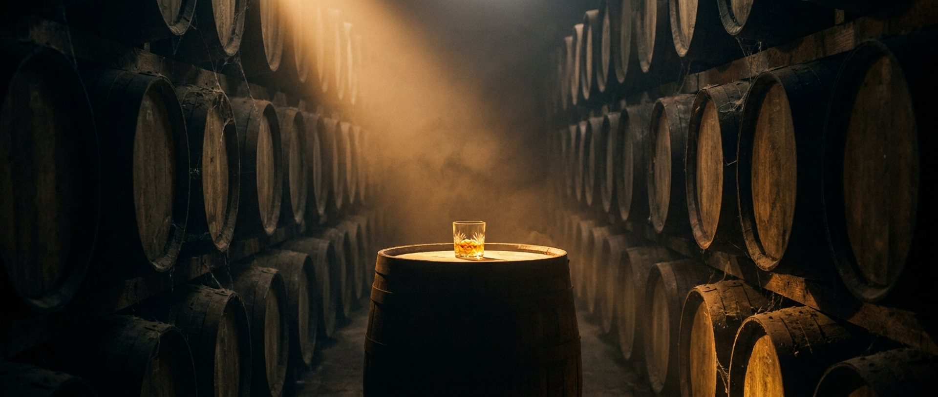 A whiskey glass glowing under a shaft of light in an aged oak barrel cellar
